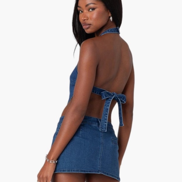 EDIKTED Sydnie Open Back Denim Halter Top | Color: Dark-Blue - Picture 7 of 8